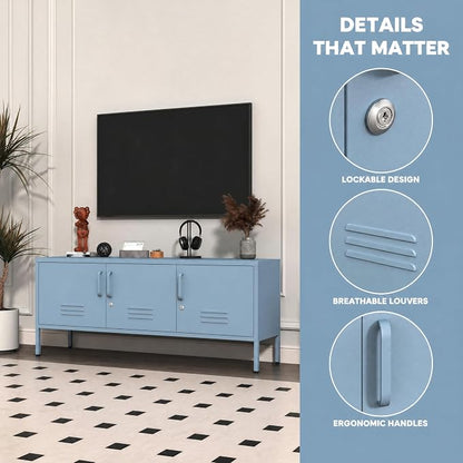 Blue Industrial Metal TV Stand with Lockable Storage Cabinet, Wide 3-Door Media Console, Adjustable Shelves, Multipurpose Accent Cabinet for Living Room Bedroom Home Office