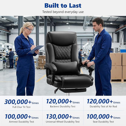 Big and Tall Office Chair 400lbs - Wide Memory Foam Seat with Lumbar Support, Reclining Executive Desk Chair with Footrest, Ergonomic Heavy Duty High Back Computer Chair, Black