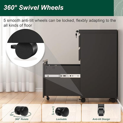 Superday File Cabinet 3 Drawer, Metal Rolling Vertical Filing Cabinet with Wheels, Small Under Desk File Cabinets for Home Office (Black)
