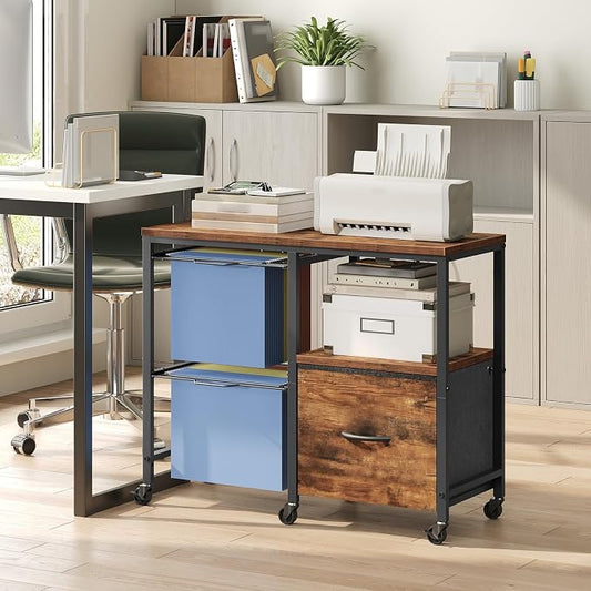 MAHANCRIS Rolling File Cabinet with Printer Stand, Mobile Lateral Filing Cabinet for Home Office, Office Storage Cart with Fabric Drawer & Hanging File Racks, Rustic Brown FCHR6001