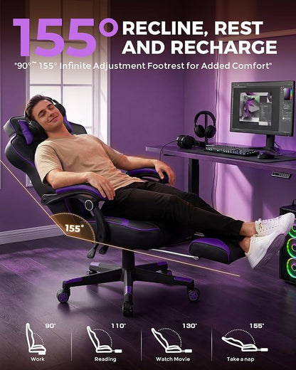 GTPLAYER Gaming Chair with Footrest, Big and Tall Game Chair 350lb Racing Style Computer Chair, Ergonomic Executive Office Chair High Back with Lumbar Support and Recliner, Purple