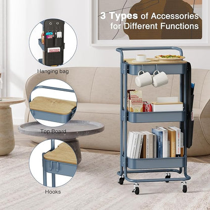 DTK 3 Tier Metal Utility Rolling Cart with Table Top and Side Bags, Metal Tray Storage Organizer Cart with Wheels, Art Craft Cart with 4 Hooks for Kitchen Bathroom Office Living Room (Blue)