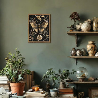 Vintage Moth Canvas Wall Art, Dark Academia Gothic Decor, Insect Botanical Painting, Enchanted Moth Flowers Picture Print, Nature Wall Decor for Living Room Bedroom 8x10 inch Wood Framed