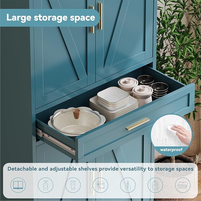 Baborokic 71" Tall Metal Storage Cabinet with Adjustable Shelves,Farmhouse Kitchen Pantry Cabinet with 2 Barn Doors and Drawer,Large Storage Cabinets for Dining Room,Bathroom,Living Room(Blue)