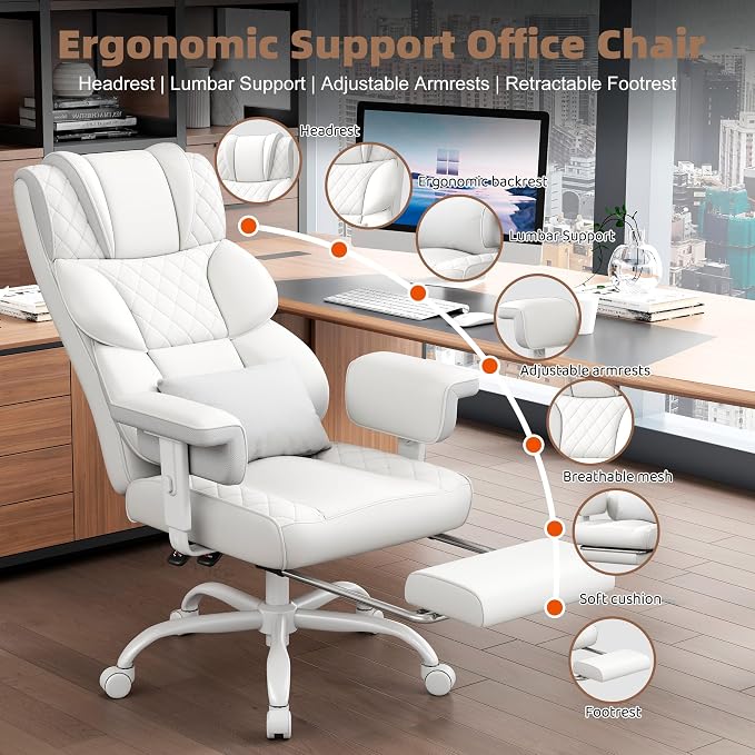 Vonesse Big and Tall Office Chair, Desk Chair with Soft Adjustable Armrests, Ergonomic High Back Gaming Chair with Lumbar Support, Executive Computer Chairs with Footrest (PU Leather,White)