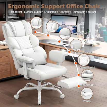 Vonesse Big and Tall Office Chair, Desk Chair with Soft Adjustable Armrests, Ergonomic High Back Gaming Chair with Lumbar Support, Executive Computer Chairs with Footrest (PU Leather,White)