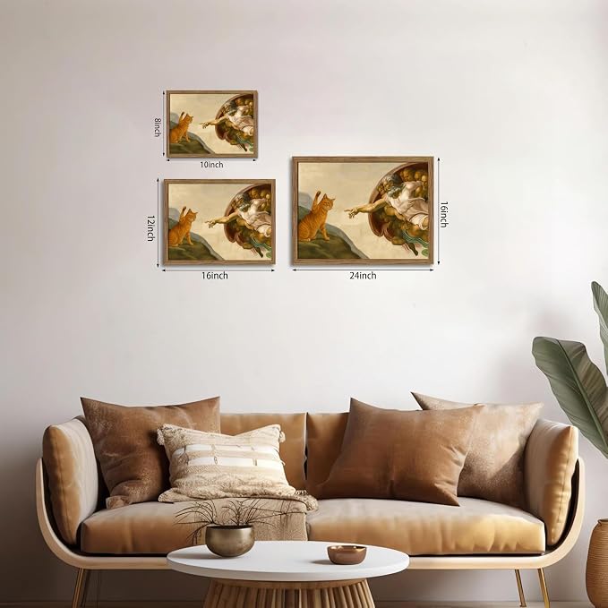 Framed Vintage Cat Canvas Wall Art, Funny Orange Cat Parody Classic Masterpiece Prints, Renaissance-Inspired Animal Artwork, Humorous Wall Decor for Living Room Bedroom Playroom – 8x10 inch
