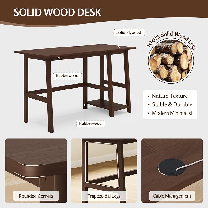 NELYE Solid Wood Computer Desk - 52" W x 24" D Modern Minimalist Table with Shelf，Sturdy Computer Workstation for Home Office, Walnut