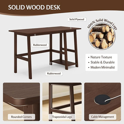 NELYE Solid Wood Computer Desk - 52" W x 24" D Modern Minimalist Table with Shelf，Sturdy Computer Workstation for Home Office, Walnut