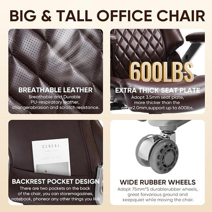 ZSQN 600 Lbs Big and Tall Office Chair, Plus Size Desk Chair with 6D Adjustable Flip Arms, Wide Comfortable Computer Chair with Adjustable Lumbar Support & Dual Rubber Wheels Brown