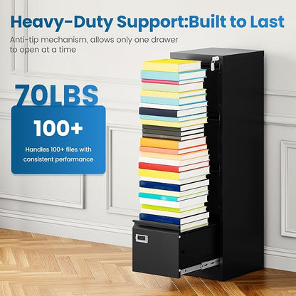 PEUKC 4 Drawer File Cabinet, Vertical Filing Cabinets with Lock, Metal File Cabinets for Home Office, Anti-Tip 4 Storage Drawers for Letter/Legal/A4/F4 Size (Assemble Required, Black)