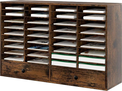 TQAVI Wood Classroom Mailbox 36 Compartments with 2 Drawer, Large Paper Organizer with Adjustable Shelves to Sorting Literature Bill, A4 Size File Organizer for Office School Home, Antique Brown