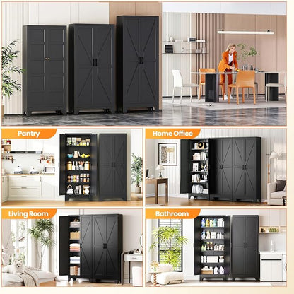Metal Black Storage Cabinet with 2 Doors and 4 Adjustable Shelve, 72" Tall Kitchen Pantry cabinets, Farmhouse Food Pantry Cabinet,5 Tier Freestanding Barn Door Cupboard for Kitchen Dining/Living Room