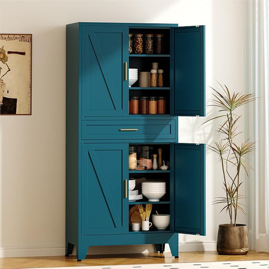 COFaR 71" Pantry Cabinet with Drawer, Peacock Blue Storage Cabinet with Adjustable Shelves, 3-Section Modern Statement Cupboard for Kitchen & Bathroom