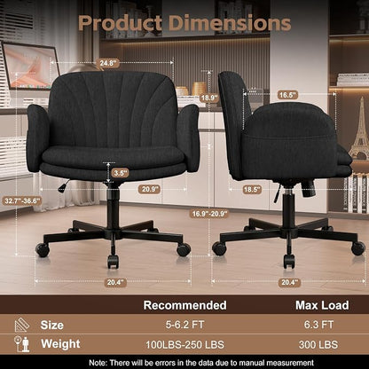 Vonesse Criss Cross Office Chair with Wheels & Armrests, Height Adjustable Vanity Chair, Makeup Chairs with Side Pockets Design, Comfortable Computer Desk Chairs for Home (Linen Fabric,Black)