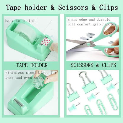 Dimonluce Green Office Supplies, Teal Desk Accessories Accessories with Tape Dispenser, Stapler, Staple Remover, 1000 Staples, Tape, Clips Set, Ruler, Scissor, Pen