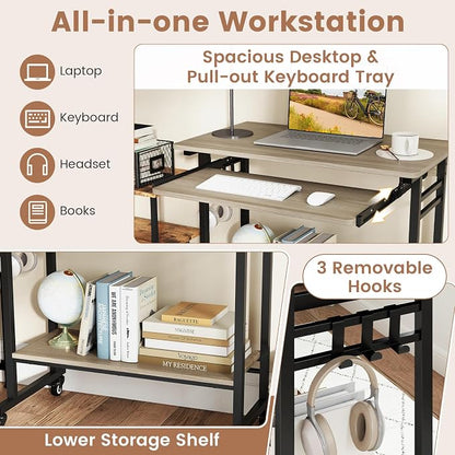 Giantex Rolling Computer Desk, Mobile Desk with Keyboard Tray & Wheels, Portable Laptop PC Table Cart with Shelf & Hooks, Small Desk for Small Spaces, Bedroom, Apartment (Grey Oak)