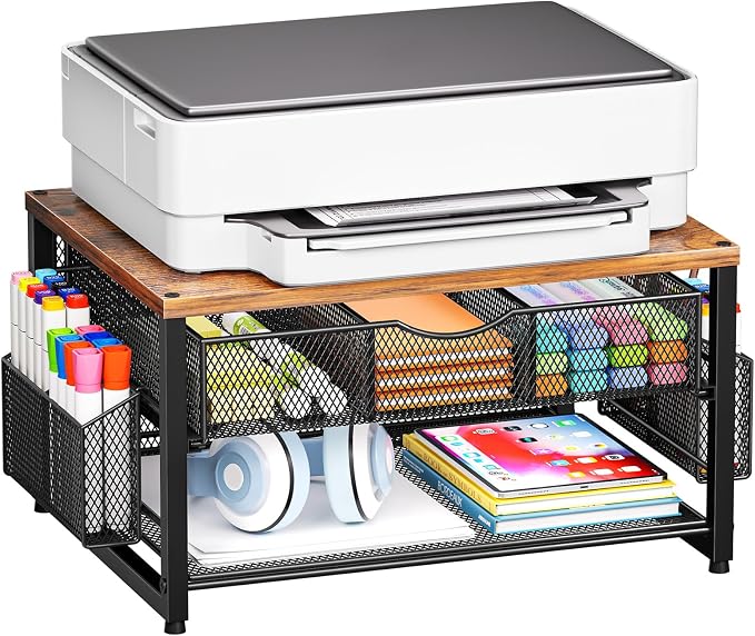 Marbrasse Wood Printer Stand for Desk, 2-Tier Desktop Printer Table for Home Office, Printer Stand with Storage Drawer 2 Pen Holders, Multi-Purpose Desk Organizer for Fax Machine Scanner(Wood Brown)