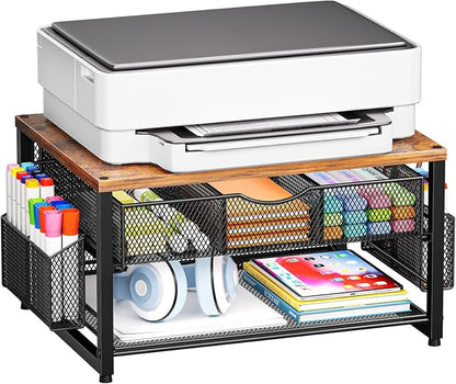 Marbrasse Wood Printer Stand for Desk, 2-Tier Desktop Printer Table for Home Office, Printer Stand with Storage Drawer 2 Pen Holders, Multi-Purpose Desk Organizer for Fax Machine Scanner(Wood Brown)