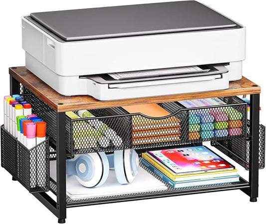 Marbrasse Wood Printer Stand for Desk, 2-Tier Desktop Printer Table for Home Office, Printer Stand with Storage Drawer 2 Pen Holders, Multi-Purpose Desk Organizer for Fax Machine Scanner(Wood Brown)