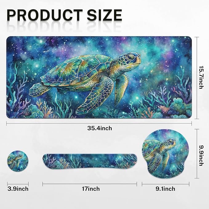 Britimes Turtle Galaxy Ocean Keyboard Mouse Pad Set Watercolor Coral 4in1 Large Mousepad+Keyboard Wrist Rest+Mouse Wrist Rest+Coaster Ergonomic Design for Home Office Computer 35.4x15.7 inches