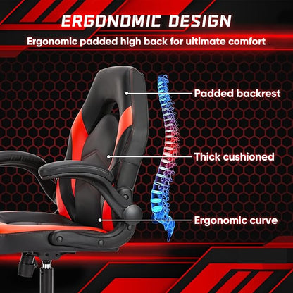 NEWBULIG Gaming Office Computer Chair – Ergonomic Mid-Back with Flip-Up Armrests, Adjustable Height, Lumbar Support & 360° Silent Swivel Wheels, PU Leather for Home/Office, Red