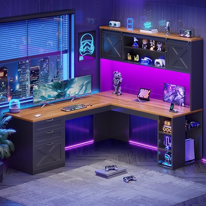 SEDETA 67" Farmhouse L Shaped Desk with Hutch, Home Office Desks with Drawers & Sliding Doors, Corner Computer Desk with Storage Shelves & Power Outlets, Executive Desk with LED Lights, Black+Brown
