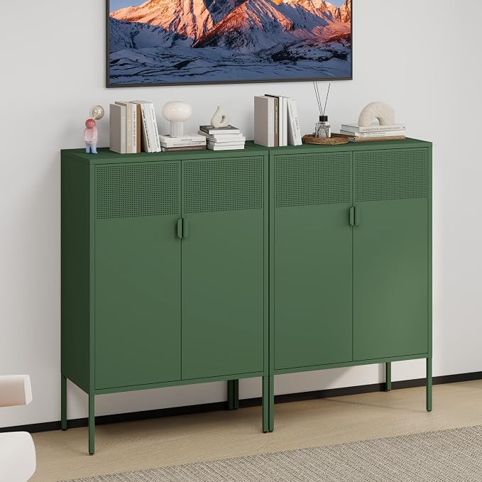 2 Mesh Door Metal Storage Cabinet with Adjustable Shelves, 3 Tier Steel Office Storage Cabinet 47''H Multipurpose Green Storage Cabinet, Metal Locker Storage Cabinet for Office, Home, Hallway