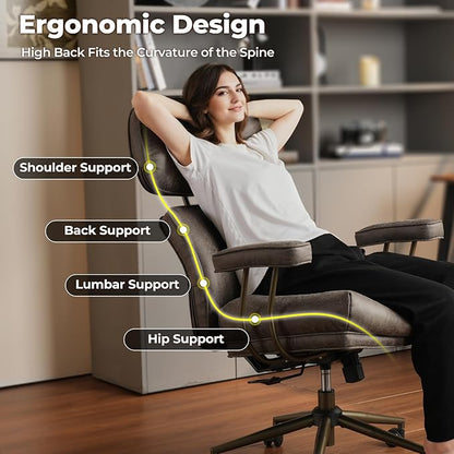 ovios Ergonomic Office Chair, High Back Faux Leather Executive Chairs with Thick Cushion, Comfy Mid-Century Modern Swivel Rolling Computer Armchair (Dark Grey, Suede Leather)