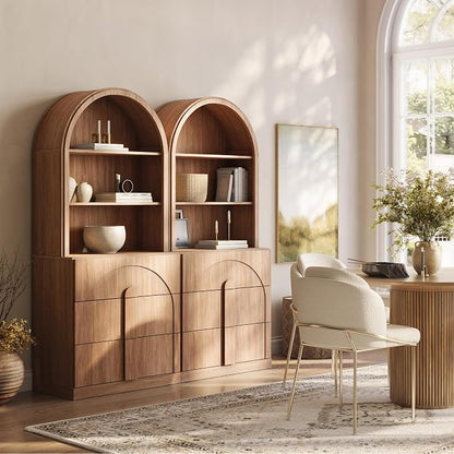 BELLEZE Set of 2 71" Tall Storage Cabinet with 3 Drawers, Wooden Sideboard Buffet Cabinet with Hutch for Pantry and Kitchen Organizing, 5-Tier Modern Storage Unit for Living Room Home Office, Camel