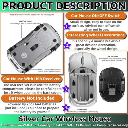 HuGuWdy Silver Car Mouse，2.4G with USB Reciver 1600DPI Computer Mice Wireless for Computer Wireless Computer Mouse for Laptop Tablet for Windows Mac OS（Silver）
