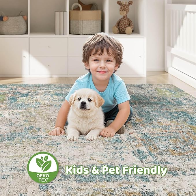 6x9 Area Rugs Living Room: Washable Large Abstract Neutral Modern Soft Rugs Stain Resistant Indoor Floor Non-Slip Accent Carpet for Bedroom Nursery Playroom Office Dining Room Home Decor- Teal