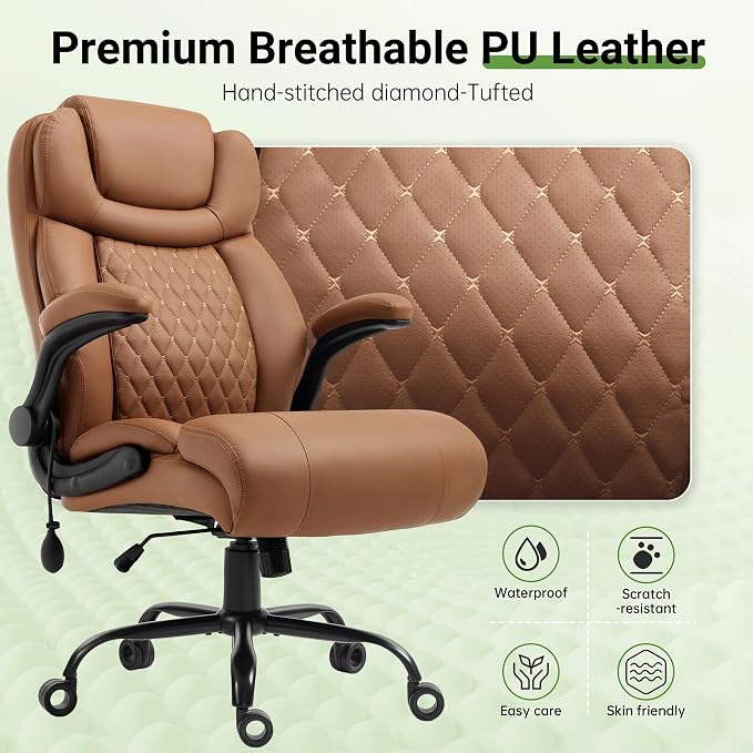 Office Chair, Big and Tall Executive Chairs with Lumbar Support for Back Pain, Breathable Desk Computer Chair with Adjustable Flip-up Armrests,Wide Cushion Swivel Home Office Chair Black,Brown PU