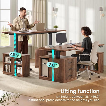SEDETA Modern Fluted Electric Standing Desk, 63" Height Adjustable Computer Desk with 3 Drawers, Storage Shelves, Power Outlets, Wood Home Office Stand up Desk for Work, Study, Writing, Brown