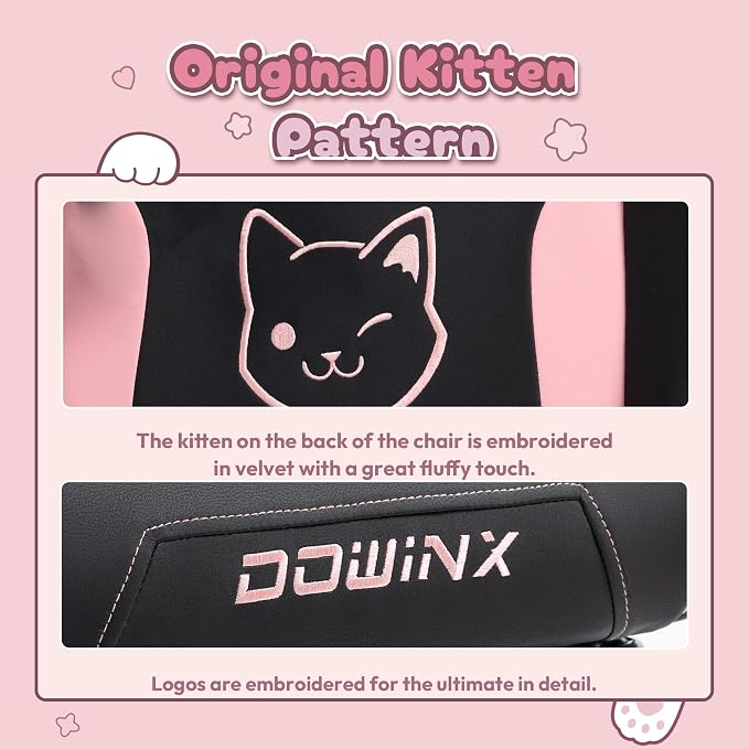 Dowinx Pink Gaming Chair with Cat Ears and Massage Lumbar Support, Ergonomic Computer Chair with Footrest and Headrest, Comfortable Reclining Game Chair 292lbs for Adults, Black