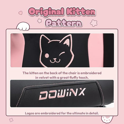 Dowinx Pink Gaming Chair with Cat Ears and Massage Lumbar Support, Ergonomic Computer Chair with Footrest and Headrest, Comfortable Reclining Game Chair 292lbs for Adults, Black