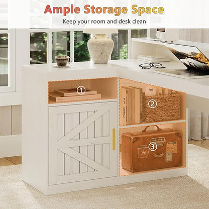 TVU Farmhouse L Shaped Desk with Drawers, 62.2" Home Office Desk with Storage Shelves and Power Outlet, L Shaped Computer Desk with Monitor Stand and Printer Shelf, White