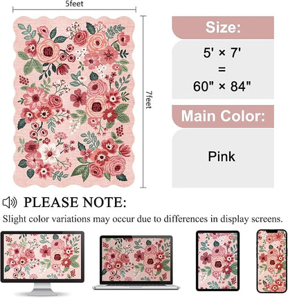DUKINO 5x7 Area Rug, Floral Washable Rugs for Living Room with Non Slip Backing & Non-Shedding, Lightwight Low Pile Boho Design Large Carpets for Bedroom, Living Room, Dining Room, Pink