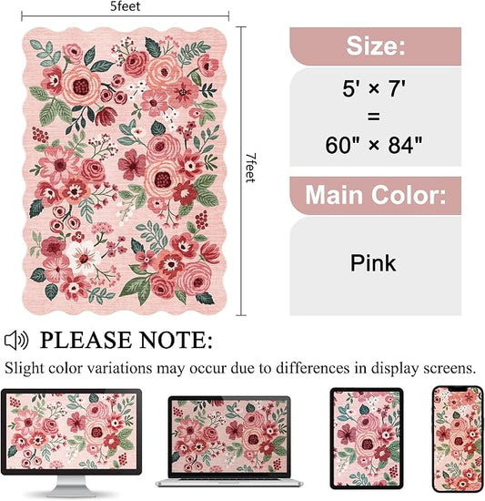 DUKINO 5x7 Area Rug, Floral Washable Rugs for Living Room with Non Slip Backing & Non-Shedding, Lightwight Low Pile Boho Design Large Carpets for Bedroom, Living Room, Dining Room, Pink