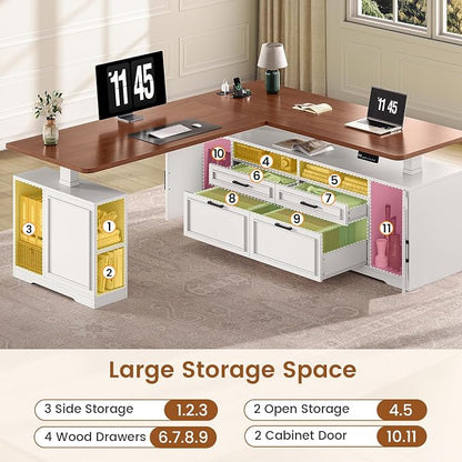 SEDETA Farmhouse L Shaped Electric Standing Desk, 69" x 55" Height Adjustable Office Executive Desk with 4 Drawers and Storage Shelves, Sit Stand Computer Desk with Power Outlet, White and Brown