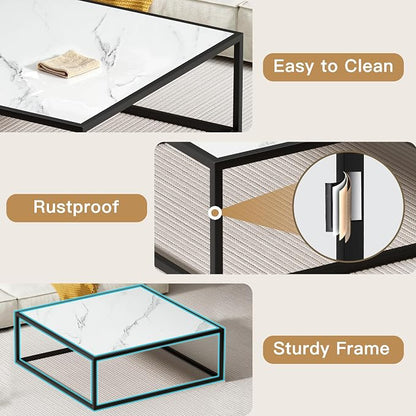 31.5" Square Coffee Table, Mid-Century Modern White Center Table for Living Room, Floor Table for Sitting on The Floor, Wood Cocktail Tea Contemporary Tables with Metal Frame for Office Apartment Home