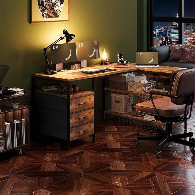 Alpen L Shaped Computer Desk, 47 Inch Corner Desk with Drawers and Power Outlets, Home Office Desk for Gaming, Study Writing PC Table with Storage and Reversible Shelf, Rustic Brown