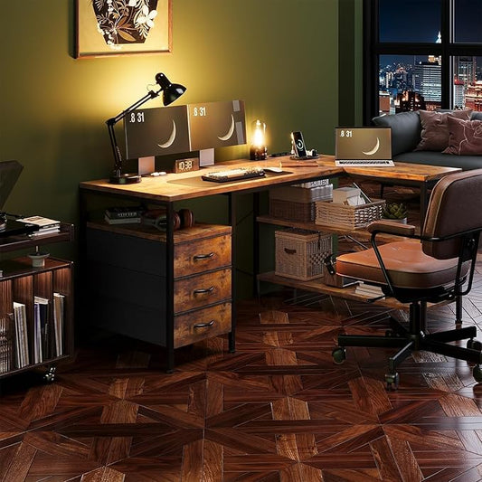 Alpen L Shaped Computer Desk, 55 Inch Corner Desk with Drawers and Power Outlets, Home Office Desk for Gaming, Study Writing PC Table with Storage and Reversible Shelf, Rustic Brown