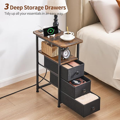 DALEMHOME Narrow End Table with Charging Station, Narrow Side Table with Drawer, Small Nightstand with LED Light, Skinny Nightstand, Small Bedside Table for Living Room, Bedroom, Couch, Rustic Brown