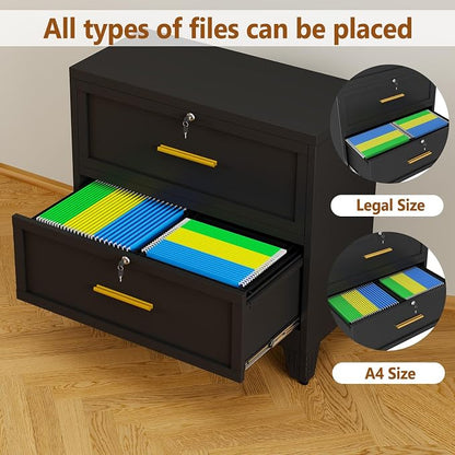 Metal Lateral File Cabinet with Lock,2 Drawer Steel Wide Filing Organization Storage Cabinets for Legal/Letter/A4/F4 Size with Hanging Files&Key,Lockable Printer Stand for Home Office, Black
