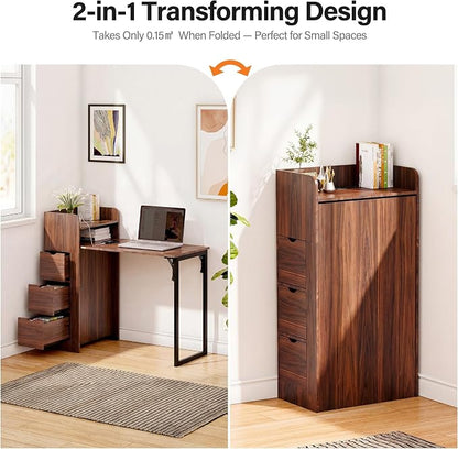 LAUSAINT HOME Wall Mounted Foldable Desk, Space Saving Hidden Desk with Storage & Power Outlet, Fold Out Table for Small Spaces, Home Office Bedroom (Walnut)