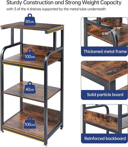 Fannova 4-Tier Printer Stand with Adjustable Storage Shelf, Large Tall Printer Table with Wheels for Home Office Small Spaces Organization, Rustic Brown