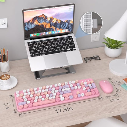UBOTIE Colorful Wireless Keyboard and Mouse Combos, Retro Typewriter Floating Flexible Full-Sized Keys Computer Keyboard with Optical Mouse, 2.4GHz USB-A Connection for Windows Mac (Pink-Colorful)