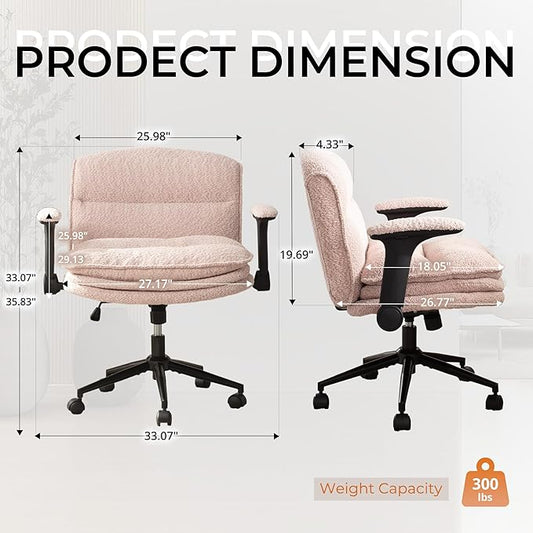 Dowinx Criss Cross Chair with Adjustable Flip-up Arms and Wheels, Comfort Ergonomic Office Desk Armchair with 3 Layer Cushions, Wide Seat Vanity Chair for Home Office, Living Room, Bedroom, Pink