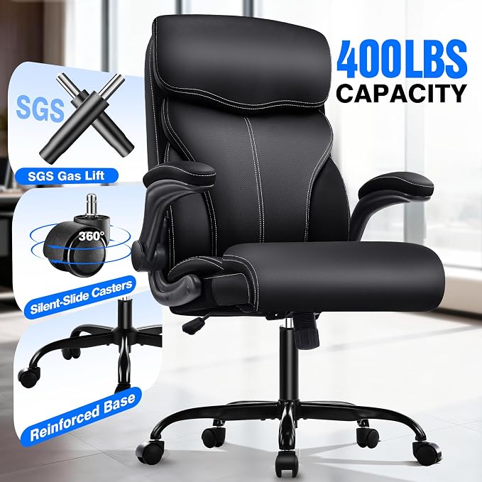 AreShark Executive Office Chair - 400lbs Heavy Duty Ergonomic Desk Chair with Comfy Cushion, High Back Breathable Leather Computer Chair with Flip-up Arms & Rocking Function for Home Office